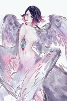 Rule 34 | 1boy, alternate species, black hair, blue eyes, centauroid, chimera, chinese commentary, colored inner hair, commentary request, enmu (kimetsu no yaiba), extra eyes, facial mark, feathered wings, flipped hair, forked tongue, grey wings, highres, horizontal pupils, kimetsu no yaiba, kotomaruqwq, looking at viewer, male focus, monster boy, multicolored hair, multiple wings, nipples, nude, open mouth, parted bangs, pink hair, scales, short hair, side part, simple background, sketch, solo, taur, third eye, third eye on chest, tongue, tongue out, two-tone hair, white background, winged arms, wings