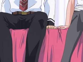 1boy 1girl 2001 animated animated_gif arm_support bed bible_black bible_black_night_of_the_walpulgiss blonde_hair breasts brown_hair drink green_eyes high_ponytail large_breasts legs long_hair minase_taki moving necktie ponytail purple_eyes saeki_kaori school_uniform short_hair skirt sleeveless smile tagme thighhighs thighs