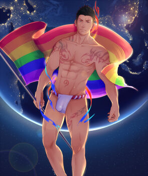 1boy abs arm_tattoo bara bare_pectorals black_hair bulge chest_tattoo facial_hair facial_tattoo feet_out_of_frame flaccid flag flapping globe goatee green_eyes gyee highres holding holding_flag impossible_clothes leg_tattoo lgbt_pride loincloth looking_at_viewer male_focus mature_male muscular muscular_male navel nipples pectorals priapus_a._tarou rainbow_flag red_pupils revealing_clothes short_hair sideburns solo spiked_hair stomach stomach_tattoo stubble tattoo thick_thighs thighs topless_male yzpyn