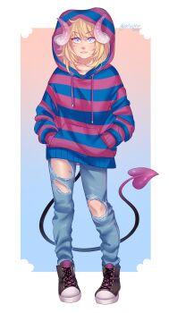 1girl 2018 absurdres black_shoes blonde_hair blue_background blue_eyes commentary demon_girl demon_horns demon_tail denim english_commentary fang full_body hands_in_pockets highres hood hoodie horns jeans original pants shoes signature sintastein solo striped_clothes striped_hoodie tail torn_clothes torn_pants