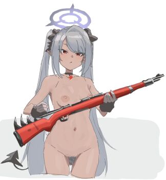 1girl black_gloves blue_archive breasts casing_ejection choker clich51368861 commentary_request completely_nude detached_sleeves female_pubic_hair gloves grey_hair gun halo iori_(blue_archive) iori_(swimsuit)_(blue_archive) long_hair navel nude pubic_hair pussy red_eyes rifle shell_casing sidelocks simple_background small_breasts thigh_gap twintails weapon white_background