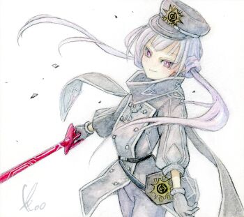 Rule 34 | 1girl, aotake tomo, bright pupils, coat, commentary request, duel monster, gloves, grey coat, grey gloves, highres, holding, holding sword, holding weapon, long hair, long sleeves, looking at viewer, purple eyes, simple background, sky striker ace - roze, solo, sword, traditional media, twintails, very long hair, weapon, white background, white pupils, yu-gi-oh!
