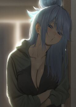 1girl aqua_(konosuba) arms_under_breasts backlighting black_jacket blue_eyes blue_hair blurry blurry_background blush borrowed_clothes breasts commentary_request crossed_arms green_jacket hair_between_eyes hair_bun half-closed_eyes highres indoors izawa_(bhive003) jacket kono_subarashii_sekai_ni_shukufuku_wo! large_breasts long_hair long_sleeves looking_at_viewer multicolored_jacket paid_reward_available parted_lips single_hair_bun solo track_jacket two-tone_jacket upper_body