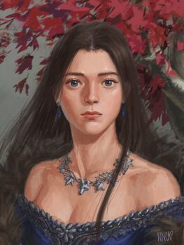 1girl a_song_of_ice_and_fire aged_up arya_stark autumn_leaves bare_shoulders blue_dress blue_eyes breasts brown_hair cleavage collarbone dress earrings floating_earrings floating_hair grey_background highres jewelry leaf long_hair looking_at_viewer mature_female necklace realistic red_leaf red_lips rincap sidelocks signature silver_necklace solo third-party_source tree
