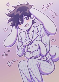 1boy absurdres animal_ears antenna_hair blue_pajamas blue_pants blush cinnamoroll collarbone collared_pajamas commentary double-parted_bangs english_commentary hair_between_eyes heart heart-shaped_pupils hero_(headspace)_(omori) hero_(omori) highres long_sleeves looking_at_viewer omori open_mouth pajamas pants purple_eyes purple_hair sanrio setosexual smile solo striped_clothes striped_pajamas striped_pants symbol-shaped_pupils tail two-tone_pajamas two-tone_pants vertical-striped_clothes vertical-striped_pajamas vertical-striped_pants white_pajamas white_pants