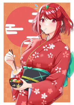 1girl border bowl breasts commentary_request cowboy_shot earrings eating holding holding_bowl japanese_clothes jewelry kimono non_ac0427 pyra_(xenoblade) red_background red_eyes red_hair red_kimono short_hair solo tiara white_border xenoblade_chronicles_(series) xenoblade_chronicles_2