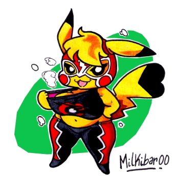 1girl cosplay_pikachu female_focus gen_1_pokemon heart mask nintendo pikachu pikachu_libre pokemon solo tail wrestler