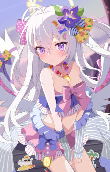 Rule 34 | 1girl, absurdres, azusa (blue archive), azusa (swimsuit) (blue archive), bead necklace, beads, blue archive, blurry, blurry background, blush, bow on wing, breasts, crescent halo, flower, food-themed hair ornament, hair flower, hair ornament, halo, highres, jewelry, kawtorikomi, long hair, looking at viewer, necklace, orange hair ornament, purple eyes, ribbon-trimmed swimsuit, ribbon trim, solo, swimsuit, watermelon hair ornament, white wings, wings