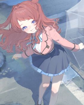 1girl black_skirt blazer blue_eyes blue_skirt blush breasts brown_hair double_bun floating_hair gakuen_idolmaster grin hair_bun hanami_ume highres holding holding_umbrella idolmaster jacket leaning_forward loafers long_hair long_sleeves looking_at_viewer neck_ribbon outdoors pink_jacket puddle ribbon school_uniform shirt shoes skirt smile socks solo standing transparent transparent_umbrella umbrella white_shirt white_socks yuusuke_(yyy_xp)