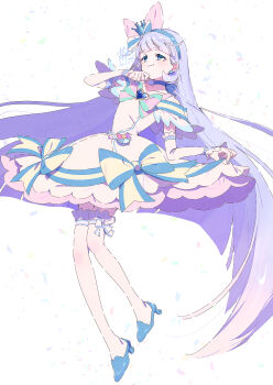 1girl aqua_bow aqua_bowtie aqua_eyes bare_shoulders blue_bow blue_choker blue_crown blue_footwear blue_hairband blunt_bangs blunt_ends bow bow_choker bow_legwear bowtie brooch choker closed_mouth clothing_cutout commentary confetti crown crown_earrings cure_nyammy dress dress_bow earrings eyelashes frilled_arm_warmers frilled_dress frilled_sleeves frilled_thighhighs frills full_body grey_hair hair_bow hairband heart heart_brooch high_heels highres jewelry light_blush long_hair magical_girl mini_crown nekoyashiki_yuki pink_bow precure serizawa_serizane short_dress short_sleeves shoulder_cutout signature single_stripe skirt_hold smile solo standing straight_hair striped_bow striped_bowtie striped_clothes thighhighs twitter_username very_long_hair watermark white_arm_warmers white_bow white_dress white_thighhighs wonderful_precure!