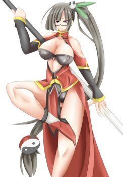 1girl arc_system_works bare_shoulders black_bra black_hair black_panties blazblue bo_staff bra breasts china_dress chinese_clothes cleavage cleavage_cutout clothing_cutout covered_erect_nipples cowboy_shot daddy_pomgi dress glasses hair_ornament holding holding_behind_back holding_polearm holding_polearm_behind_back holding_weapon holding_weapon_behind_back lao_jiu large_breasts lingerie litchi_faye_ling long_hair panda panda_hair_ornament panties pelvic_curtain polearm ponytail purple_eyes red_dress semi-rimless_eyewear simple_background solo staff thighs underwear weapon white_background yin_yang