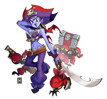 1girl bone_bra colored_skin earrings hat highres holding holding_sword holding_weapon jewelry midriff multiple_others open_mouth pants pirate pirate_hat purple_hair purple_pants purple_skin purple_tube_top red_eyes risky_boots shantae_(series) strapless sword thehelmet_guy tinkerbat treasure_chest tube_top weapon