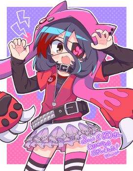 Rule 34 | 1girl, :d, absurdres, animal hat, arms up, belt, black belt, black hair, black thighhighs, blush stickers, border, brown eyes, cat hat, claw pose, commentary request, commission, cowboy shot, double-parted bangs, eyepatch, fang, hair between eyes, hat, hat pin, hayasaka mirei, highres, idolmaster, idolmaster cinderella girls, layered sleeves, long hair between eyes, long sleeves, looking at viewer, miniskirt, open mouth, outline, outside border, pink background, pink hat, pink thighhighs, pleated skirt, purple background, purple skirt, red shirt, richard (richaball), shirt, short hair, short over long sleeves, short sleeves, skeb commission, skirt, smile, solo, striped clothes, striped thighhighs, thighhighs, two-tone background, v-shaped eyebrows, white border, white outline, zettai ryouiki