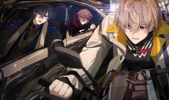 Rule 34 | 3boys, black hair, blonde hair, car, closed mouth, fura kanato, fura kanato (1st costume), hair between eyes, highres, jacket, long sleeves, looking at another, lower teeth only, male focus, matsuhago, mole, mole on neck, motor vehicle, motorcycle, multicolored hair, multiple boys, multiple moles, nijisanji, on motorcycle, open clothes, open jacket, open mouth, pink hair, purple eyes, red eyes, seraph dazzlegarden, seraph dazzlegarden (1st costume), shikinagi akira, shikinagi akira (1st costume), smile, streaked hair, teeth, vest, virtual youtuber, waistcoat
