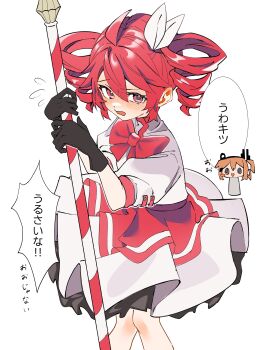 a.i._voice absurdres adachi_rei alternate_costume black_gloves blush bow bowtie commentary dress drill_hair embarrassed feet_out_of_frame gloves highres holding holding_staff kasane_teto knees_together_feet_apart looking_at_viewer open_mouth orange_hair red_bow red_bowtie red_eyes red_hair senri_(hrydy_o) short_dress short_sleeves simple_background solo_focus speech_bubble staff standing twin_drills utau white_background white_dress