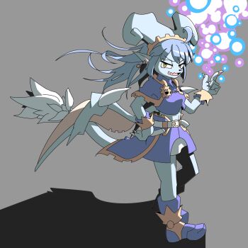 Rule 34 | 1girl, blue skin, colored skin, commentary request, dragon tail, grey background, highres, lunastra, monster hunter (series), personification, san setu, tail, yellow eyes