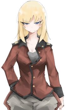 1girl blonde_hair blue_eyes breasts camisole cleavage earl_grey_(girls_und_panzer) frown girls_und_panzer grey_camisole jacket long_hair pants partially_unbuttoned partially_undressed red_jacket st._gloriana&#039;s_military_uniform standing white_pants yamarium