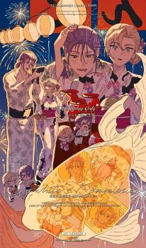 1girl absurdres black_hair candy_apple_(food_fantasy) fireworks flat_color from_side highres japanese_clothes lantern long_sleeves multiple_views night night_sky open_mouth paper_lantern sky xiabai