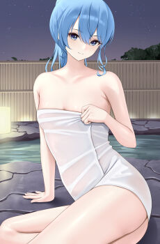 1girl absurdres arm_support armpit_crease blue_eyes blue_hair blush breasts closed_mouth collarbone hair_between_eyes hand_up highres hololive hoshimachi_suisei laimer looking_at_viewer naked_towel night night_sky onsen outdoors ponytail sitting sky small_breasts smile solo star_(sky) star_(symbol) star_in_eye starry_sky symbol_in_eye thighs towel virtual_youtuber wet_towel yokozuwari