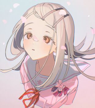 1girl blush cherry_blossoms gakuen_idolmaster grey_hair highres idolmaster long_hair nininiwa2 orange_eyes parted_lips petals pink_serafuku sakura_photograph_(idolmaster) school_uniform serafuku shinosawa_hiro solo upper_body