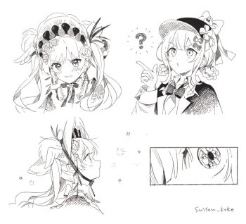 Rule 34 | 2girls, ?, artist name, bonnet, braid, braided hair rings, commentary request, deerstalker, flower, greyscale, hair between eyes, hair flower, hair ornament, hair rings, hand up, hat, index finger raised, long hair, looking at viewer, mahou shoujo no majo saiban, monochrome, multiple girls, multiple views, neck ribbon, open mouth, profile, ribbon, short hair, simple background, suisou koke, tachibana sherry, tono hanna, twintails, upper body, upturned eyes, white background