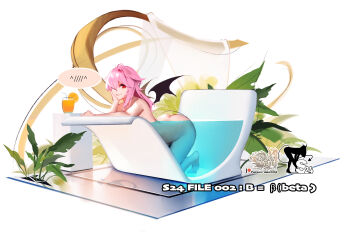 Rule 34 | 1girl, artist logo, barefoot, bathing, bathtub, black wings, closed mouth, commentary, completely nude, demon girl, demon wings, english commentary, glasses, hair over one eye, hand on own face, highres, hu dako, juice, logo, long hair, looking at viewer, nude, orange juice, original, patreon logo, patreon username, red eyes, simple background, smile, solo, white background, wings