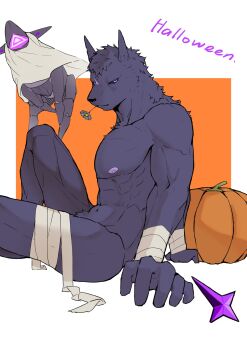 abs animal_ears bandaged_arm bandages black_eyes chaos_zero_nightmare flower furry halloween highres howl_hao hugo_(chaos_zero_nightmare) looking_at_viewer nipples non-humanoid_robot nude pumpkin purple_fur robot robot_animal robot_dog scar scar_on_face sitting