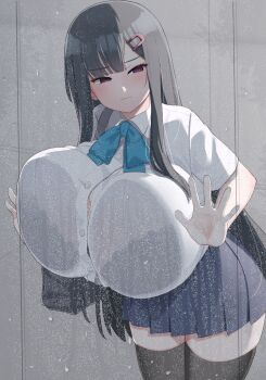 1girl against_glass akitokage aqua_bow aqua_bowtie bag black_hair black_skirt black_thighhighs blue_bow blue_bowtie blush bow bowtie bra_visible_through_clothes breast_press breasts breasts_on_glass bursting_breasts button_gap collared_shirt cowboy_shot dot_nose hair_ornament hairclip highres huge_breasts jewelry long_hair necklace nozomi_(akitokage01) original pleated_skirt shirt short_sleeves shoulder_bag skirt solo thighhighs very_long_hair white_shirt zettai_ryouiki