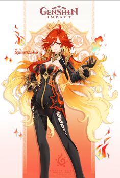 1girl absurdres ahoge artist_name biker_clothes bikesuit black_bodysuit black_gloves black_jacket bodysuit breasts bright_pupils cleavage commentary copyright_name cropped_jacket earrings english_commentary feet_out_of_frame fire floating_hair genshin_impact gloves grin hair_between_eyes hand_on_own_hip hand_up highres jacket jewelry large_breasts long_hair long_sleeves looking_at_viewer mavuika_(genshin_impact) multicolored_hair orange_eyes orange_hair pyrokinesis red_hair smile solo spiritcake16 strapless_bodysuit sun_earrings symbol_in_eye two-tone_hair very_long_hair white_pupils