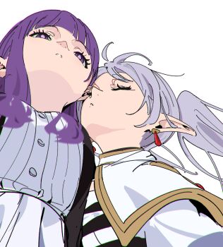 2girls absurdres atenaba capelet cheek-to-cheek commentary elf fern_(sousou_no_frieren) frieren from_below heads_together highres long_hair meme multiple_girls open_mouth pointy_ears purple_eyes purple_hair simple_background sousou_no_frieren symbol-only_commentary twintails upper_body upward_angle_frieren_drawing_(meme) white_background white_capelet yuri