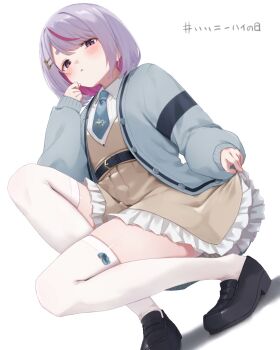 1girl black_boots blue_bow blue_bowtie blue_jacket blush boots bow bowtie brown_dress cattleya_regina_games dress hanazome_uta hand_up highres jacket looking_down nice_knee_socks_day purple_eyes school_uniform simple_background solo squatting thighhighs tosaki_mimi vspo! white_background white_thighhighs