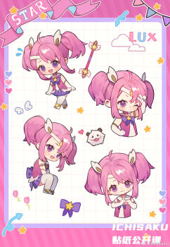 1girl :3 :d ahoge blush bow bowtie character_name chibi chibi_only closed_mouth commentary cropped_torso hand_up highres ichisaku league_of_legends lux_(league_of_legends) magical_girl multiple_views one_eye_closed open_mouth pink_hair purple_bow purple_bowtie purple_eyes purple_shirt sailor_collar shirt short_hair short_twintails sidelocks sleeveless sleeveless_shirt smile star_(symbol) star_guardian_(league_of_legends) star_guardian_lux thighhighs twintails v watermark weibo_watermark white_background white_sailor_collar white_thighhighs