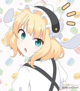 1girl animal_ears black_hairband blonde_hair commentary fake_animal_ears fleur_de_lapin_uniform frilled_hairband frills gochuumon_wa_usagi_desu_ka? green_eyes hairband kirima_syaro looking_at_viewer looking_back mitya notice_lines puffy_short_sleeves puffy_sleeves rabbit_ears shirt short_sleeves solo twitter_username upper_body white_shirt