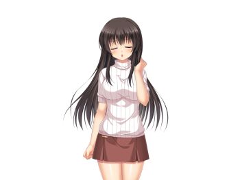 1girl :o aomi_riru black_hair blush breasts brown_skirt closed_eyes cowboy_shot game_asset hair_between_eyes large_breasts large_variant_set long_hair long_sidelocks mikami_juri miniskirt non-web_source official_art puffy_short_sleeves puffy_sleeves self-datamine short_sleeves sidelocks simple_background skirt solo standing sweater tachi-e transparent_background turtleneck turtleneck_sweater variant_set wince yumemi_ga_cheek!