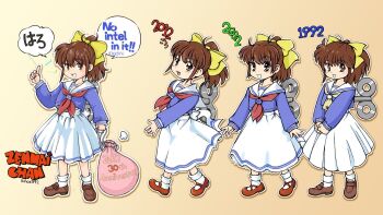 1992 1girl 2002 2012 2022 anniversary back_bow blue_shirt bow brown_background brown_eyes brown_hair brown_shoes character_name commentary_request english_text evolution full_body hair_bow hand_up highres holding holding_sack index_finger_raised loafers looking_at_viewer mary_janes medium_hair minakami_marin mixed-language_text multiple_views neckerchief open_mouth original puff_of_air red_neckerchief sack sailor_collar shirt shoes skirt smile socks speech_bubble standing v_arms walking white_bow white_sailor_collar white_skirt white_socks winding_key yellow_bow yellow_neckerchief zenmai-chan