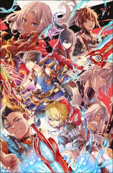 a_(xenoblade) blonde_hair blue_eyes blue_vest brown_hair electricity elma_(xenoblade_x) energy_sword fire grey_hair group_picture high_ponytail highres holding holding_sword holding_weapon jacket jin_(xenoblade) long_hair lora_(xenoblade) matthew_(xenoblade) monado monolith_soft noah_(xenoblade) ponytail red_jacket rex_(xenoblade) scar_across_eyebrow scar_on_face short_hair shulk_(xenoblade) sleeveless sleeveless_jacket sword ui_frara vest weapon xeno_(series) xenoblade_chronicles_(series) xenoblade_chronicles_1 xenoblade_chronicles_2 xenoblade_chronicles_2:_torna_-_the_golden_country xenoblade_chronicles_3 xenoblade_chronicles_3:_future_redeemed xenoblade_chronicles_x