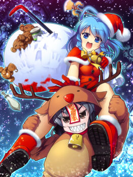 2girls animal_costume antlers bell blood blue_eyes blue_hair boots braid capelet chima_q christmas crowbar dress female_focus gift hair_ornament hair_rings hair_stick hat highres horns jiangshi kaku_seiga kidnapped knife miyako_yoshika monkey multiple_girls ofuda open_mouth reindeer reindeer_costume return_of_the_living_dead sack santa_costume santa_hat sharp_teeth short_hair short_sleeves smile teeth touhou