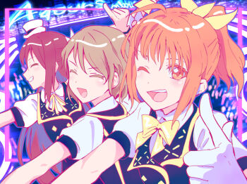 3girls :d ;d ^_^ black_vest bow bowtie brown_hair closed_eyes collared_shirt commentary finger_gun gloves grin half_updo hat highres ku-ru-ku-ru_cruller! looking_at_viewer love_live! love_live!_sunshine!! medium_hair mini_hat mini_top_hat multiple_girls one_eye_closed open_mouth orange_eyes orange_hair ponytail profile puffy_short_sleeves puffy_sleeves red_hair sakurauchi_riko shirt short_sleeves smile takami_chika top_hat upper_body vest watanabe_you white_gloves white_hat white_shirt yellow_bow yellow_bowtie yukitake_(bullfalk)