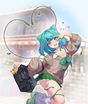 1girl :d absurdres bag bag_charm black_bag bow bowtie breasts brown_cardigan bubblekungya bulbasaur buttons cardigan charm_(object) cleavage collared_shirt commentary_request day falling_leaves gen_1_pokemon green_bow green_bowtie green_hair green_shoes green_skirt gyaru_bulbasaur gyaru_bulbasaur_(shin_no_tenpii) heart highres leaf looking_at_viewer loose_socks medium_hair nail_polish nintendo open_mouth outdoors personification pink_nails plant pleated_skirt pokemon pokemon_pokopia red_eyes shirt shoes skirt smile socks solo teeth translation_request upper_teeth_only v vines white_shirt