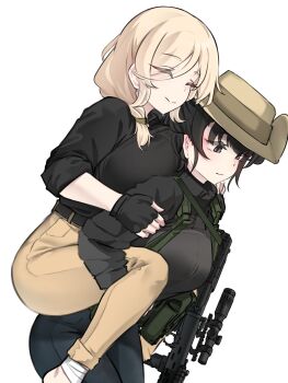 Rule 34 | 2girls, absurdres, ammunition pouch, bandaged foot, bandages, bandit-chan (k0ng), barefoot, belt, black belt, black gloves, black hair, black jacket, black pants, black shirt, blonde hair, breast press, breasts, brown scrunchie, bullpup, carrying, carrying person, chest rig, closed eyes, closed mouth, cropped jacket, dragunov svu, eyes visible through hair, fingerless gloves, gloves, gun, gun sling, hair between eyes, hair ornament, hair over one eye, hair over shoulder, hair scrunchie, hand on another's arm, hand on another's leg, hands on another's shoulders, highres, injury, jacket, k0ng, large breasts, leaning forward, long sleeves, medium breasts, medium hair, merc-san (k0ng), multiple girls, original, pants, piggyback, pouch, red eyes, rifle, scope, scrunchie, shirt, simple background, sleeves rolled up, smile, sniper rifle, suppressor, variant set, weapon, white background, yellow pants