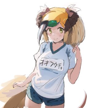 1girl bird_tail blonde_hair blue_shorts bow greater_bird-of-paradise_(kemono_friends) gym_uniform head_wings highres ieinu_account kemono_friends light_blush multicolored_hair red_bow shirt shorts smile solo tail white_background wings yellow_eyes