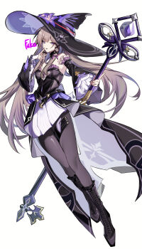 1girl artist_name ascot black_boots black_dress black_hat black_pantyhose boots breasts brown_hair commentary_request detached_collar detached_sleeves dress dutch_angle flower frilled_dress frilled_sleeves frills fukafuka_ekaki full_body hair_ornament hat hat_flower herta_(honkai:_star_rail) highres holding holding_staff honkai:_star_rail honkai_(series) long_hair looking_at_viewer pantyhose parted_lips purple_eyes purple_flower simple_background small_breasts solo staff standing strapless strapless_dress the_herta_(honkai:_star_rail) very_long_hair white_ascot white_background wide_sleeves witch_hat x_hair_ornament