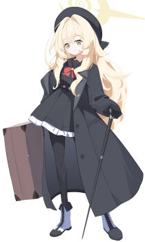 1girl absurdres beret black_coat black_gloves black_hat black_pantyhose black_sailor_collar black_serafuku black_shirt black_skirt blonde_hair blue_archive boots bow bowtie cane closed_mouth coat commentary crossed_bangs eyes_visible_through_hair fluffy_hair frilled_skirt frills full_body gloves green_eyes hair_between_eyes hair_intakes halo hat highres holding holding_cane lace-up_boots long_hair long_sleeves looking_at_viewer nammmmer open_clothes open_coat pantyhose pleated_skirt professor_niyaniya_(blue_archive) red_bow red_bowtie sailor_collar school_uniform serafuku shirt sidelocks simple_background skirt smile solo split_mouth standing suitcase very_long_hair white_background white_boots yellow_halo