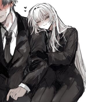 1boy 1girl absurdres angelica_(project_moon) black_gloves black_jacket black_pants blush closed_eyes closed_mouth commentary_request formal_clothes gloves heart highres husband_and_wife jacket kisaaka library_of_ruina long_hair pants project_moon roland_(project_moon) simple_background sitting suit very_long_hair white_background white_hair