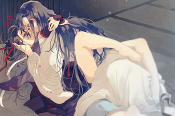 2boys ahoge amana_raika anal bare_legs barefoot bishounen black_hair black_hanfu blurry blurry_background blush chinese_clothes closed_mouth commentary_request couple falling_petals grey_eyes hair_ribbon hand_in_another&#039;s_hair hand_on_another&#039;s_head hanfu heart hug implied_sex indoors kiss lan_wangji leg_lock light_particles long_hair long_sleeves looking_at_another lying male_focus missionary modao_zushi multiple_boys on_back on_floor petals ponytail red_ribbon ribbon robe sex smile tatami twitter_username untied_ribbon very_long_hair watermark wei_wuxian white_hanfu white_ribbon wide_sleeves yaoi yellow_eyes