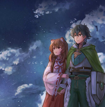 Rule 34 | 1boy, 1girl, :|, adapted costume, animal ear fluff, animal ears, arm shield, armor, artist name, belt, black belt, black hair, black shirt, breastplate, brown belt, brown hair, cloak, closed mouth, cloud, cloudy sky, collared shirt, commentary request, commission, cowboy shot, expressionless, fur-trimmed armor, fur-trimmed hood, fur trim, green armor, green cloak, green eyes, grey armor, hair between eyes, hakama, hakama skirt, hetero, high collar, holding another's arm, holding hands, hood, hood down, hooded cloak, iwatani naofumi, japanese clothes, layered shirt, legendary shield (small shield) (tate no yuusha no nariagari), legendary shield (tate no yuusha no nariagari), long hair, long sleeves, messy hair, miko, night, raccoon ears, raccoon girl, raphtalia, red eyes, red hakama, red ribbon, red skirt, ribbon, ribbon-trimmed sleeves, ribbon trim, shirt, short hair, sidelocks, signature, skeb commission, skirt, sky, star (sky), starry sky, straight hair, tate no yuusha no nariagari, watermark, white kosode, white shirt, wide sleeves, wss (nicoseiga19993411)