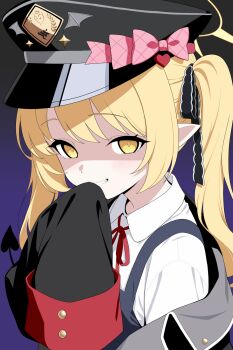 1girl black_background black_coat black_hat black_ribbon blonde_hair blue_archive blue_background bow coat commentary_request gehenna_academy_logo gradient_background grin hair_ribbon hat hat_bow highres ibuki_(blue_archive) kazu_sasuki light_blush long_hair long_sleeves looking_at_viewer mesugaki military_hat neck_ribbon open_clothes open_coat peaked_cap pink_bow pointy_ears red_ribbon ribbon shaded_face shirt sidelocks simple_background sleeves_past_fingers sleeves_past_wrists smile solo twintails two-tone_background upper_body white_shirt yellow_eyes
