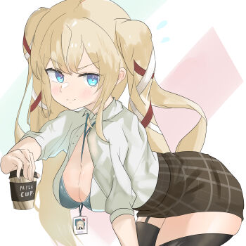 1girl 6_gexun absurdres azur_lane black_garter_straps black_thighhighs blonde_hair blue_bra blue_eyes bra breasts brown_skirt checkered_clothes checkered_skirt cleavage closed_mouth commentary_request cup disposable_coffee_cup disposable_cup garter_straps gorizia_(azur_lane) gorizia_(unrequited_office_love?)_(azur_lane) highres id_card large_breasts looking_at_viewer office_lady official_alternate_costume open_clothes open_shirt shirt short_sleeves skirt smile solo thighhighs twintails underwear white_shirt
