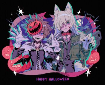 animal_ear_fluff animal_ears aqua_eyes arm_belt arms_up bare_tree belt belt_buckle black_background black_nails black_shirt blue_eyes brown_hair buckle capelet chain claw_pose collar collared_shirt commentary cropped_torso english_commentary english_text fingernails full_moon fur-trimmed_jacket fur_trim gloves green_jacket grey_capelet hair_over_one_eye halloween halloween_costume happy_halloween highres jack-o&#039;-lantern jacket kingdom_hearts kingdom_hearts_ii long_sleeves mask mask_on_head medium_hair moon one_eye_covered open_clothes open_jacket open_mouth partially_unzipped red_collar riku_(kingdom_hearts) sharp_fingernails shirt short_hair side-by-side simple_background sora_(halloween_town)_(kingdom_hearts) sora_(kingdom_hearts) spiked_hair studded_collar teeth tree tsuba_258 twitter_username upper_teeth_only werewolf white_gloves zipper