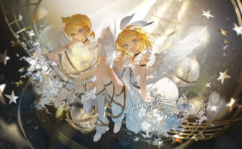1boy 1girl :d bare_shoulders black_choker blonde_hair blue_eyes brother_and_sister character_name choker closed_mouth double-parted_bangs dress feathered_wings full_body hair_between_eyes hair_ornament hair_ribbon hairclip happy_birthday highres kagamine_len kagamine_rin kneehighs looking_at_viewer musical_staff number_tattoo open_mouth parallel_hairclips parted_bangs ribbon shoes short_hair shoulder_tattoo siblings sitting sleeveless sleeveless_dress smile socks star_(symbol) tattoo twins vocaloid white_dress white_ribbon white_shoes white_socks white_wings wings zeriko